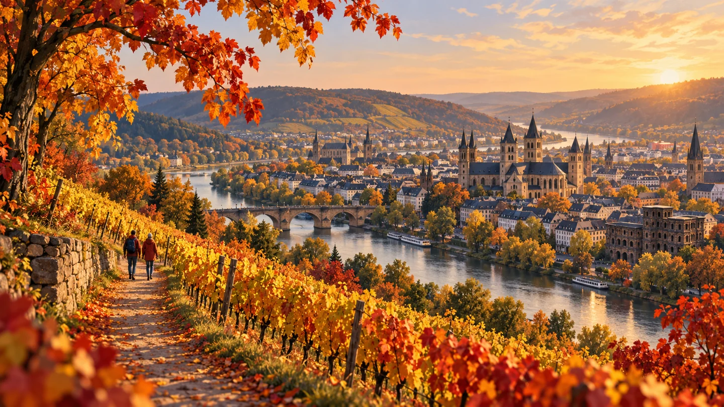 Herbstliche Illustration mit Weinberghang, Spaziergängern und Blick über Trier im Moseltal