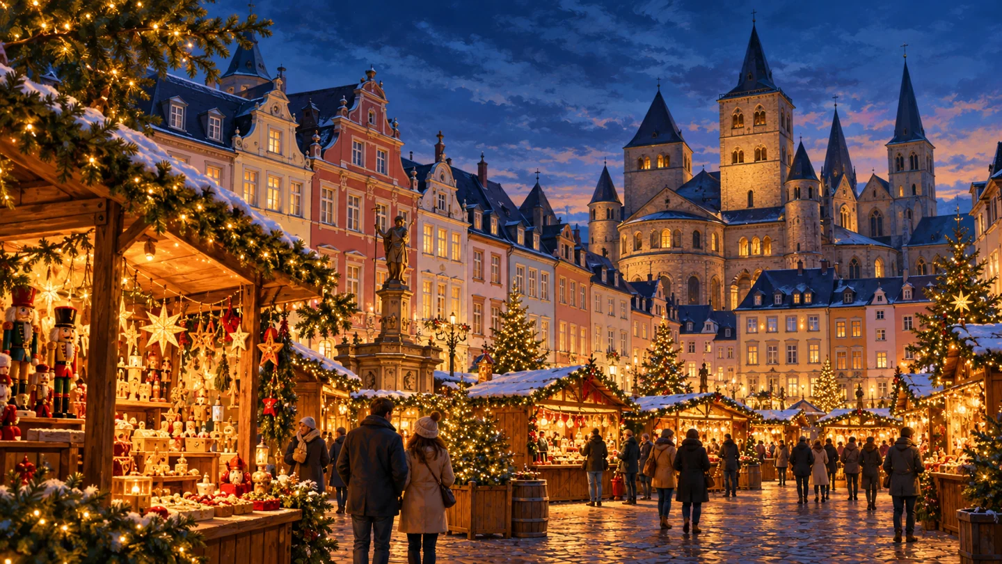 Illustration eines Weihnachtsmarkts in Trier mit beleuchteten Holzständen vor historischen Häusern