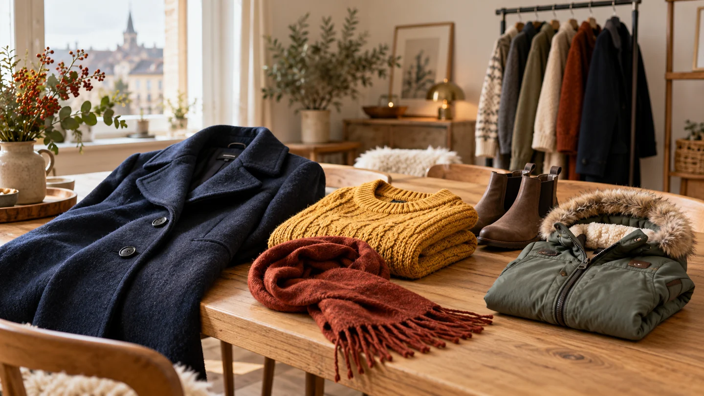 Gepflegte Wintermäntel, Strickpullover, Schal und Kindermantel auf einem Holztisch